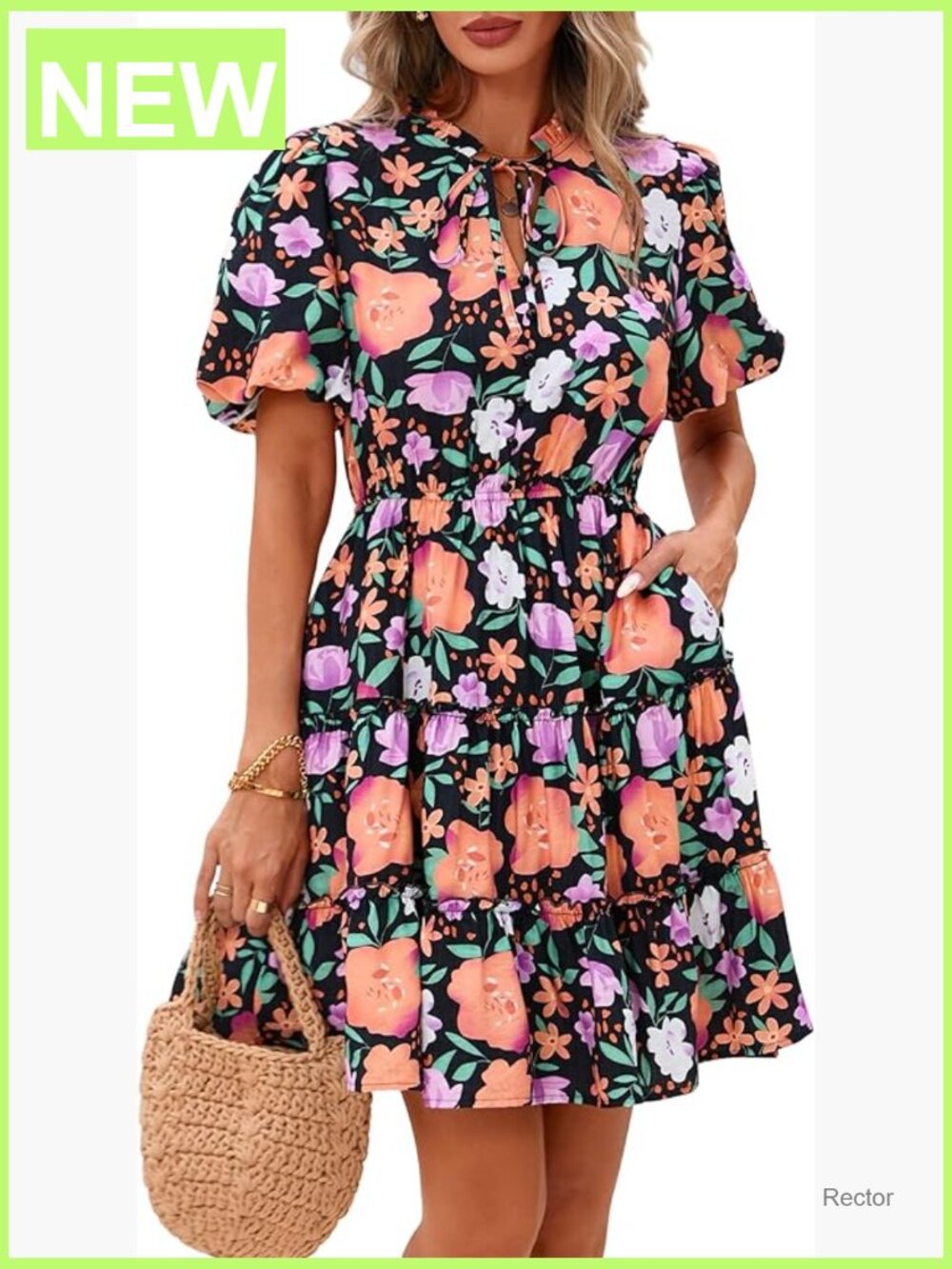Floral V-Neck Short Sleeve Tiered Ruffle Boho Swing Mini Dress